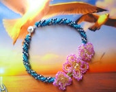 Hawaiian Vacation Bracelet, Plumeria Bracelet, Seed Bead Woven Bracelet, Tropical Flower Jewelry, Cabin Fever E135
