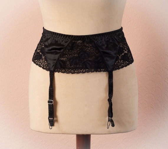 Vintage Black Satin And Floral Lace Suspender Garter Belt.