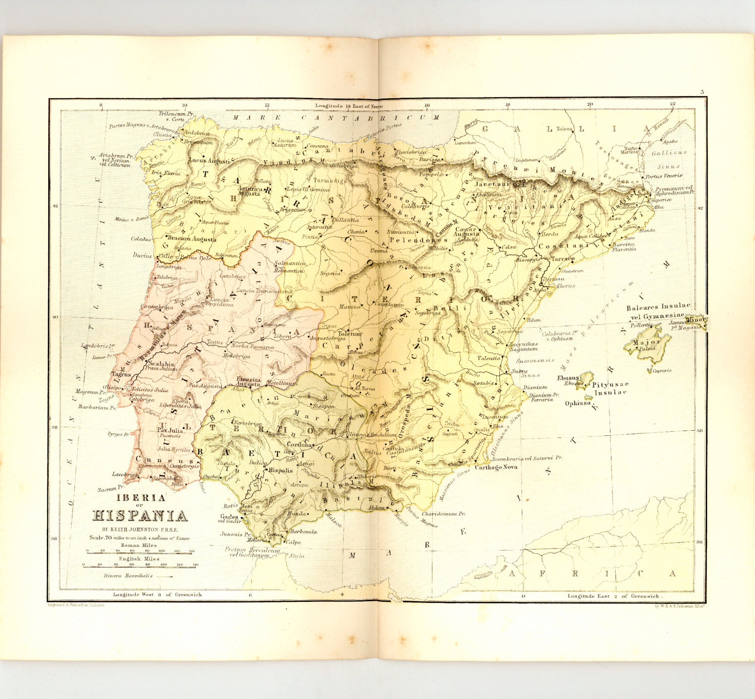 1882 Antique Color Map of Ancient Iberia or Hispania in the