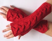 Deep Red fingerless gloves 10" arm warmers mittens Acrylic Wool