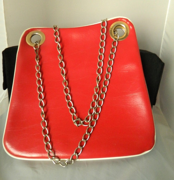 Red baguette/shoulder Carnaby style handbag purse with white