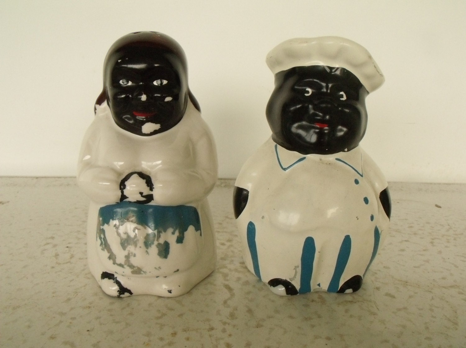 Black Americana Mammy Chef Blue Salt And Pepper Shakers