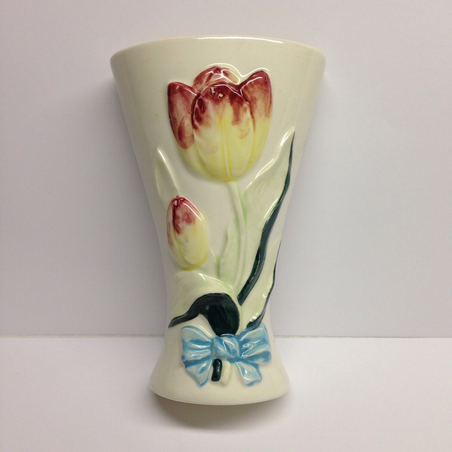 1960 Wall Vase Vase Yellow Tulips Vase Blue Bow by PriorMemories