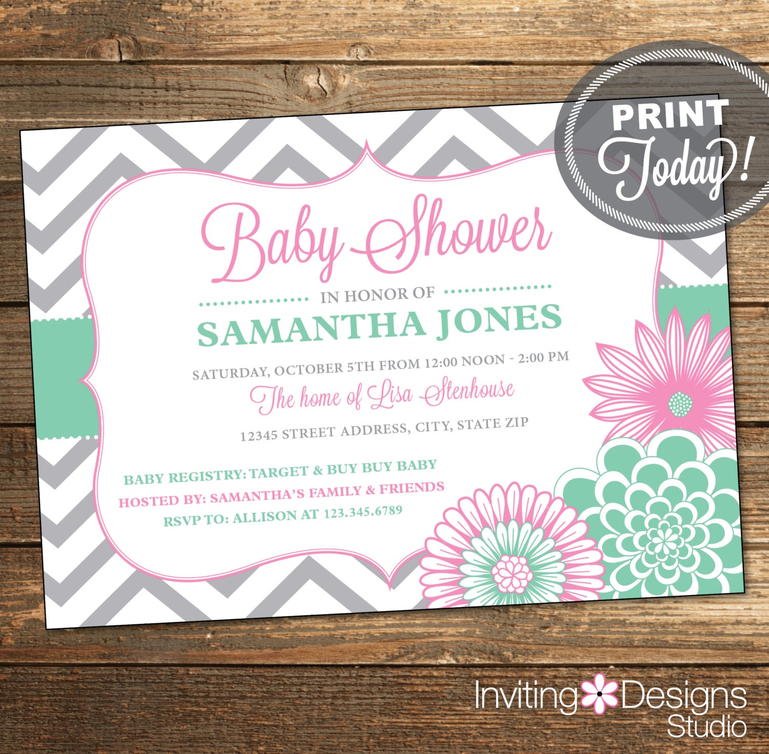Baby Shower Invitation Girl Mint Green Baby Pink Pink