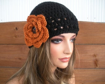 Womens Hat Crochet Hat Winter Fashion Accessories Women Beanie Hat Cloche Hat in Black with Burnt Orange crochet flower