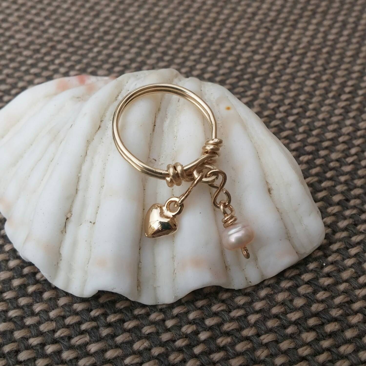 Heart Charm Ring. Dangle Pearl Ring. Above Knuckle Dangle