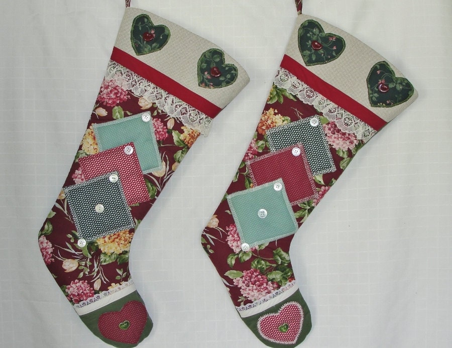 Handmade Christmas Stockings Burlap trim Buttons and Hearts