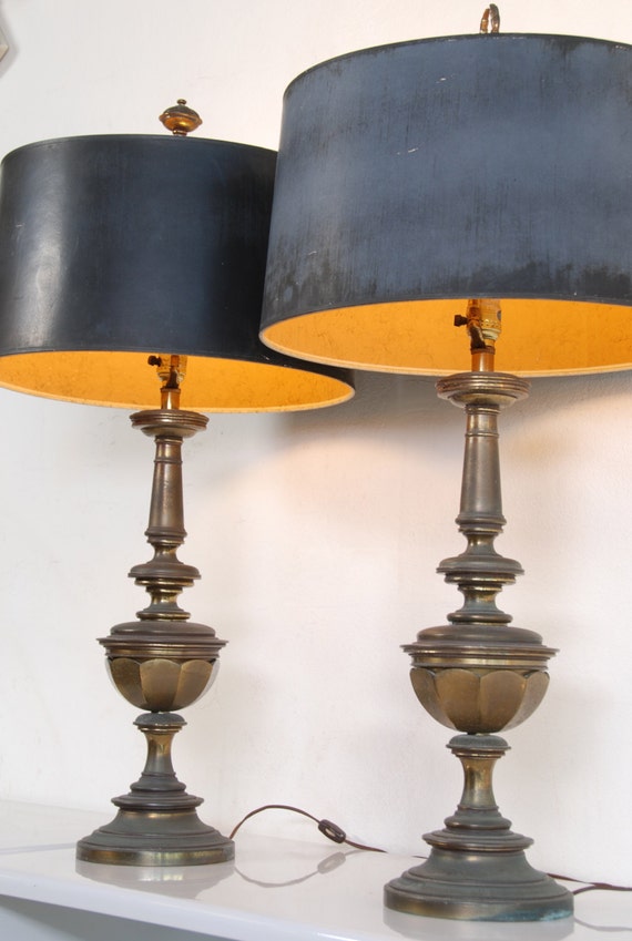 Pair of Stiffel Brass Lamps with Original Shades