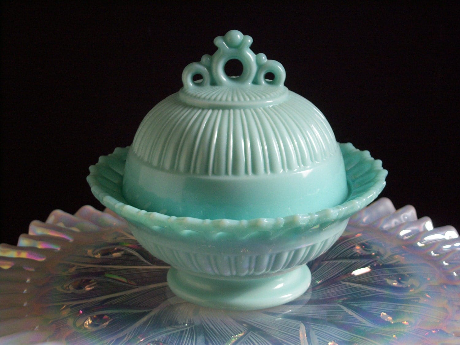 Fostoria Randolph Aqua Milk Glass Lidded Bowl Aqua Milk 8171