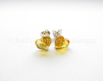 Baltic Amber Honey Color Heart Shape Silver Stud Earrings