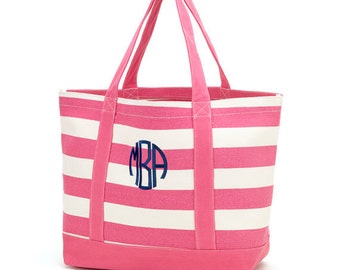 Embroidered Monogrammed Pink Stripe Canvas Beach Bag Tote Personalized ...