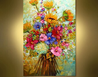 ORIGINAL contemporary Summer Bouquet Abstract oil painting by Nizamas 36" x 24" hand painted ready to hang