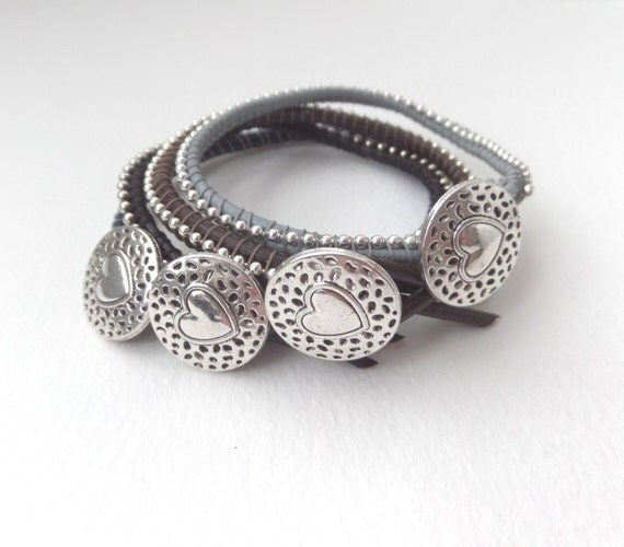 Greek Leather Bracelet Silver Beaded Metal Heart Button