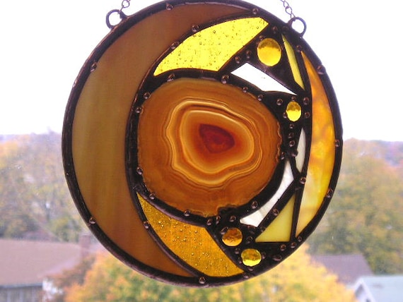 Stained Glass Disc with Agate - Gold Glass - Abstract - OOAK - Handcrafted - Made in USA