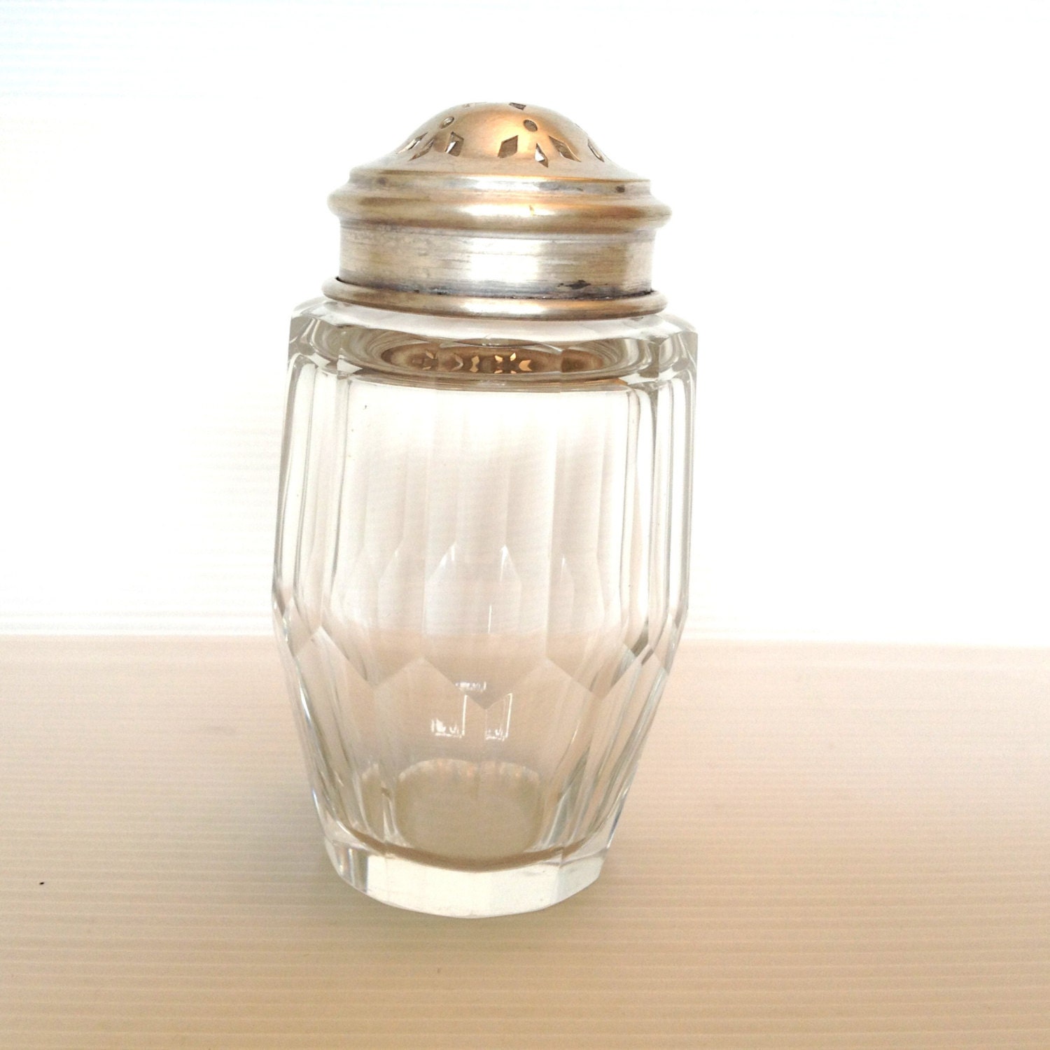 sugar shaker, muffineer, glass and silver sugar shaker, antique