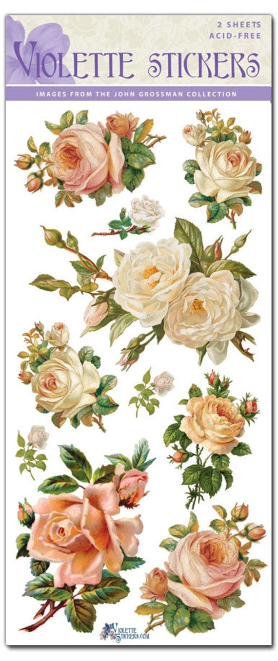 Beautiful Vintage White Rose Stickers for Crafting-2 sheets