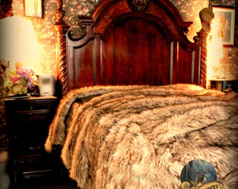 Luxurious Faux Fur Bed Spread - Comforter - Throw Blanket or DUVET - Plush Light Brown Wolf - Coyote Fur - Luxury Shag