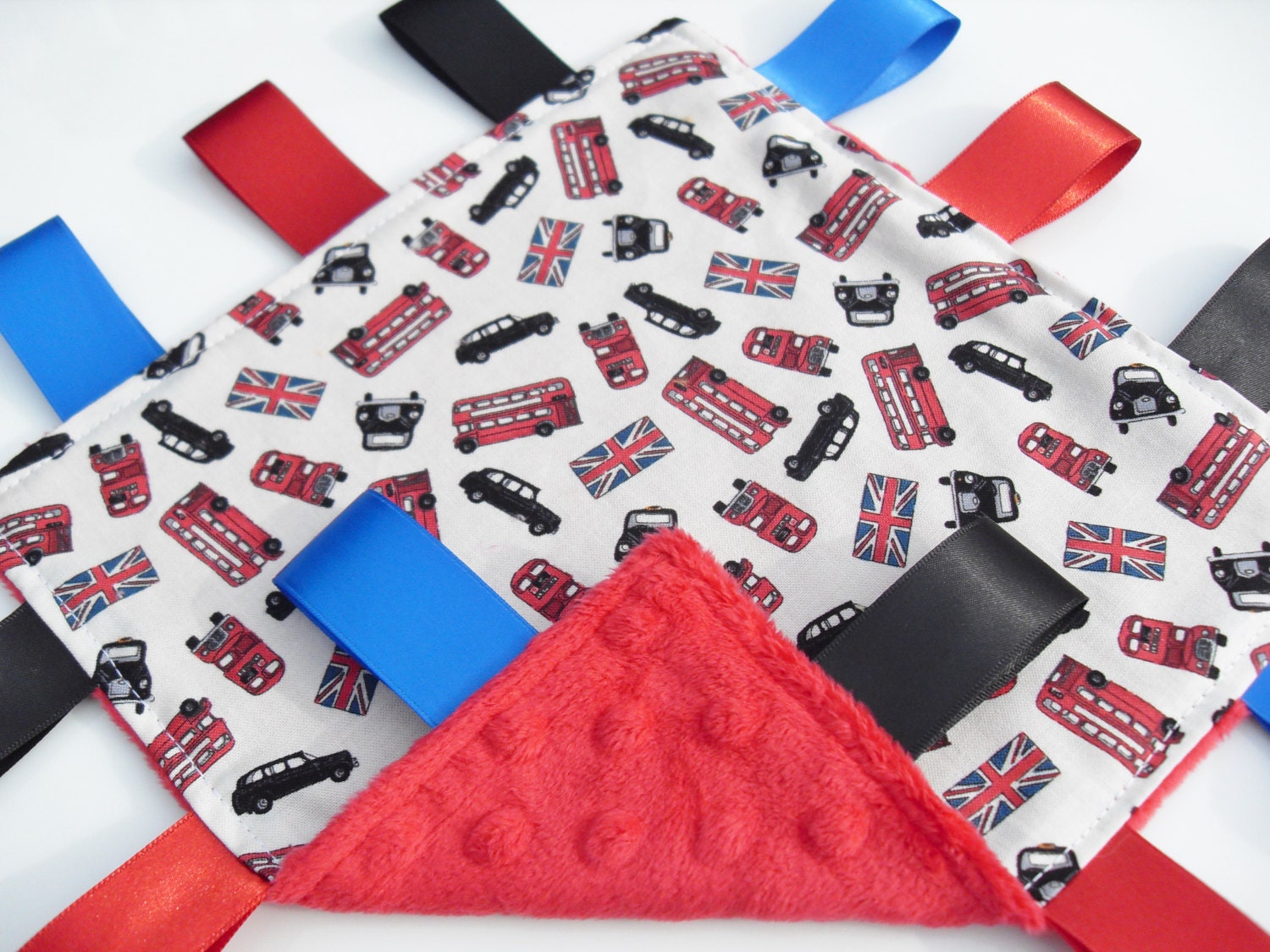 Taggie Blanket in London buses and taxis cotton design backed in red minky - Baby Boy Gift Idea