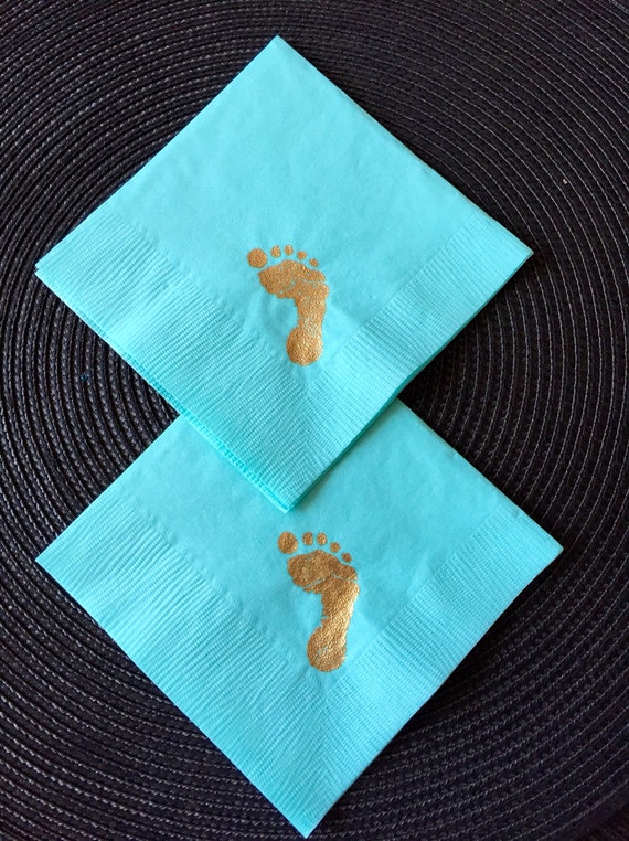 25 Cocktail Napkins Boy Baby Shower Mint Aqua Blue Gold Hand