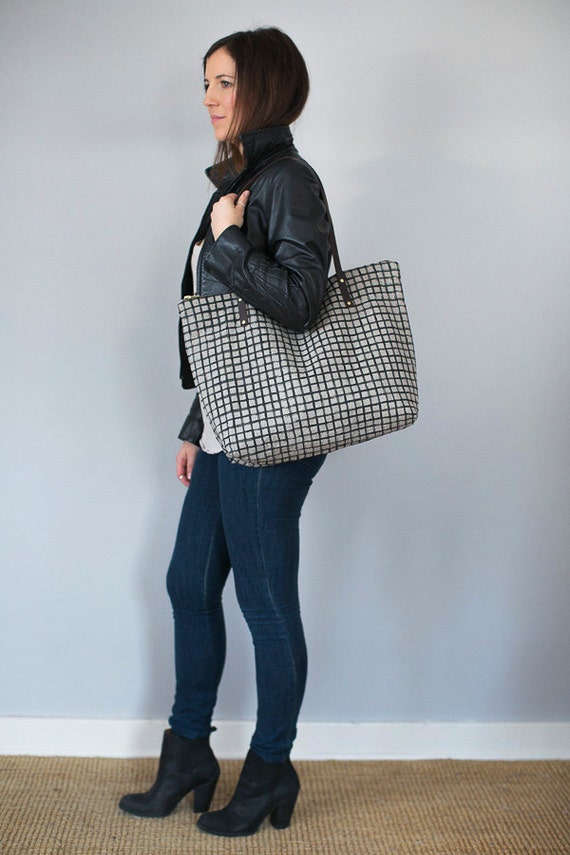 Linen Tote Bag Black Screen Print Grid Brown Leather Handles