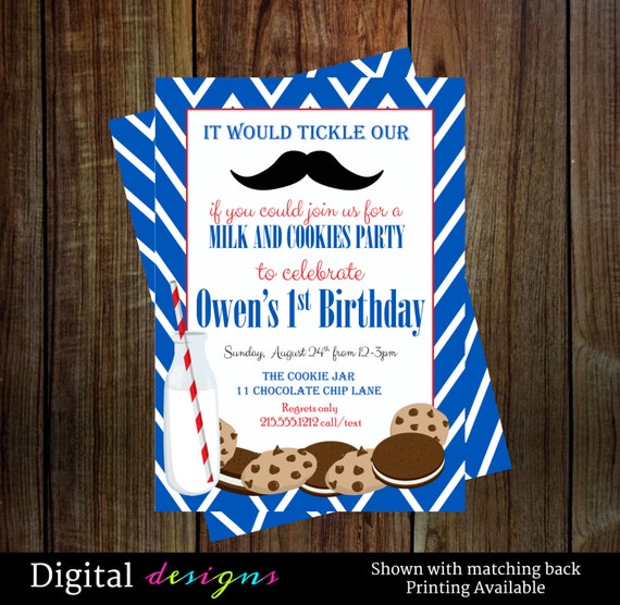 Birthday party invitations --- boys milk and cookies with mustache chevron stripe invites printable, digital file NO. R4901 Il_570xn