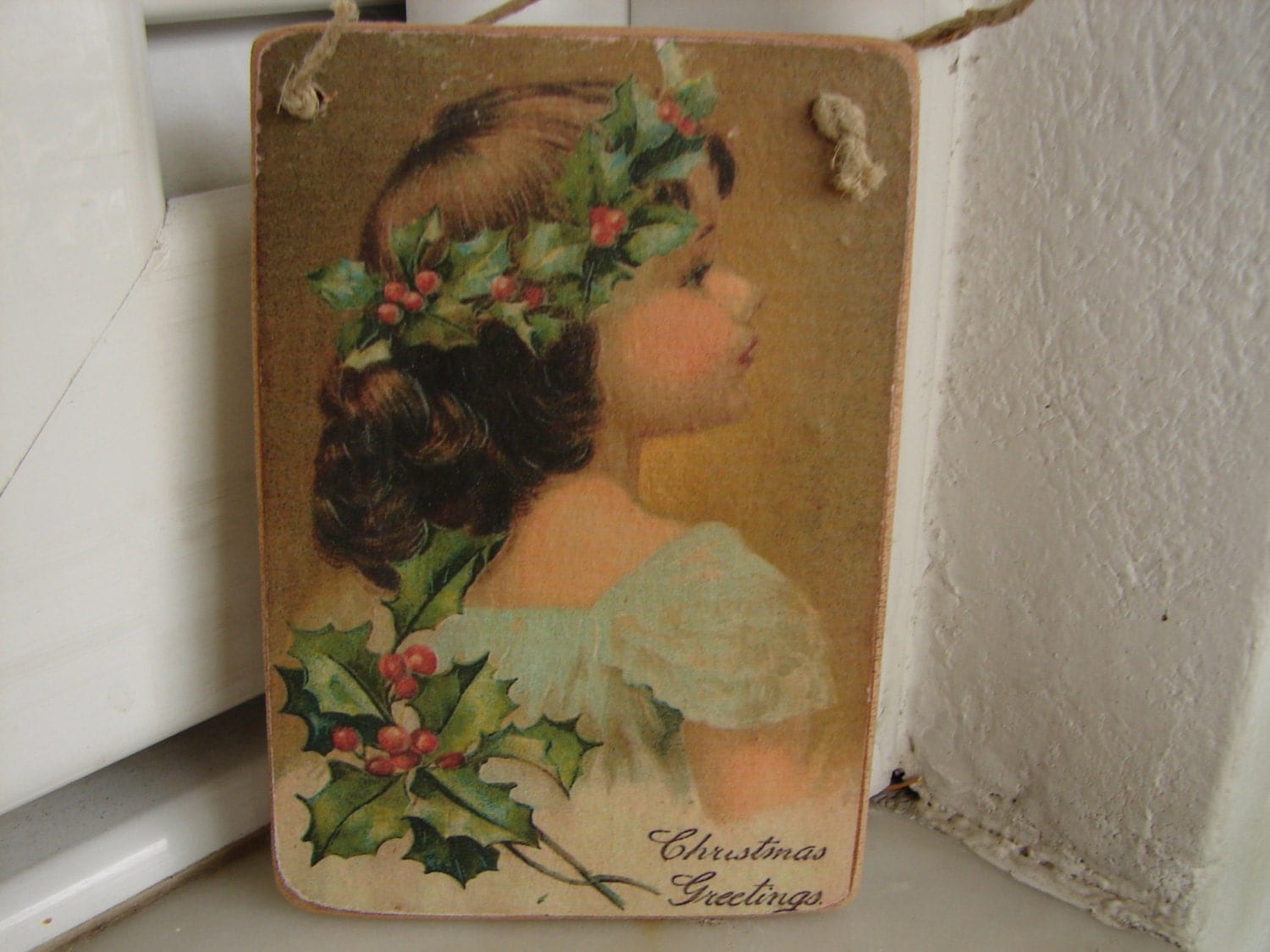 Vintage Child decorated in holly Christmas image, tree decoration-vintage image sealed onto wood-Holiday season