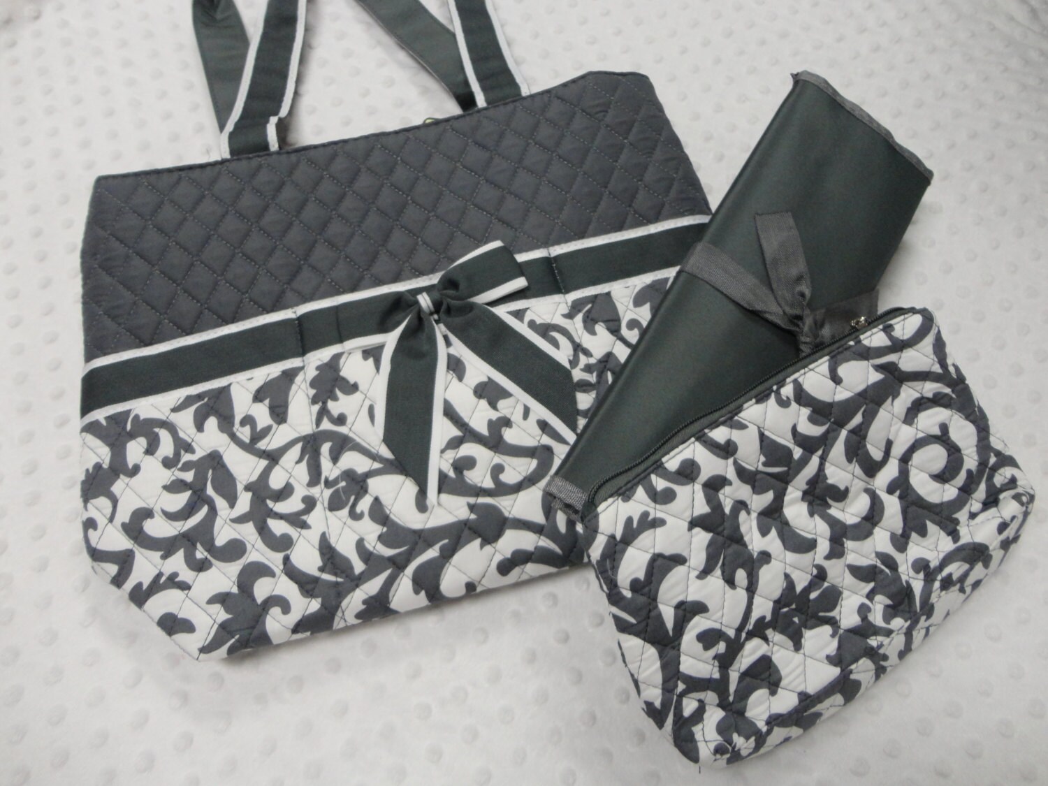 PERSONALIZED 3 Piece Diaper Bag Set with Name Baby Girl Gray