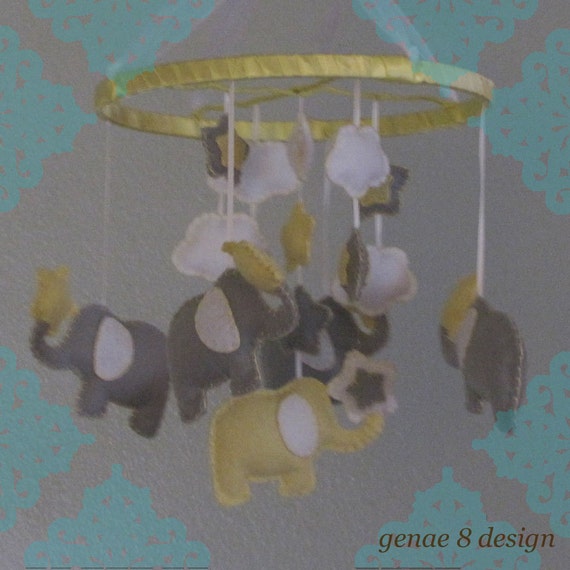 Items similar to Felt Elephant and Stars Baby Mobile Yellow, White and Grey on Etsy