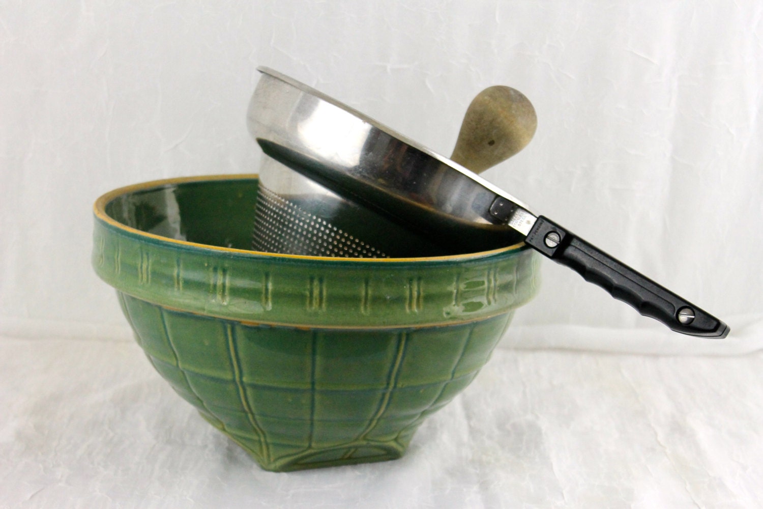 Vintage Applesauce Maker Colander and Wooden Pestle Cone