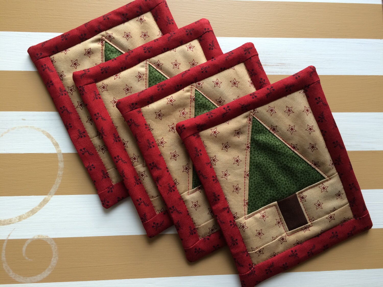 Quilted Christmas Tree Coasters Moda fabrics set of 4