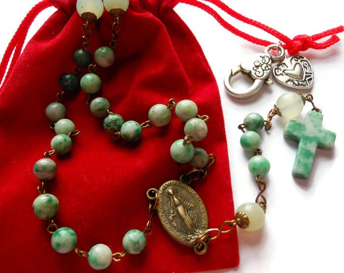 FREE SHIPPING Catholic Rosary 'The Inner Light' Ching Hai "jade" & tree agate beads, sea green 'new' jade Pater beads, aventurine cross