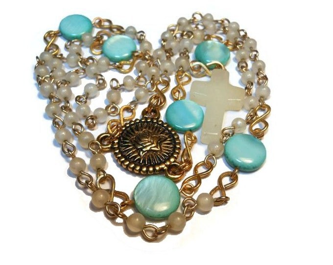 FREE SHIPPING Catholic rosary 'Immaculate Heart' with vintage beads, turquoise blue Our Fathers, quartz cross, gold plated center