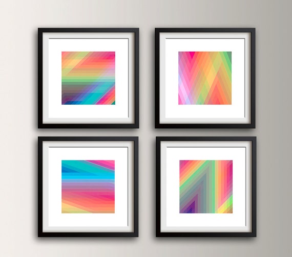 Wall Art Group Set of 4 Square Prints Zig Zag Neon