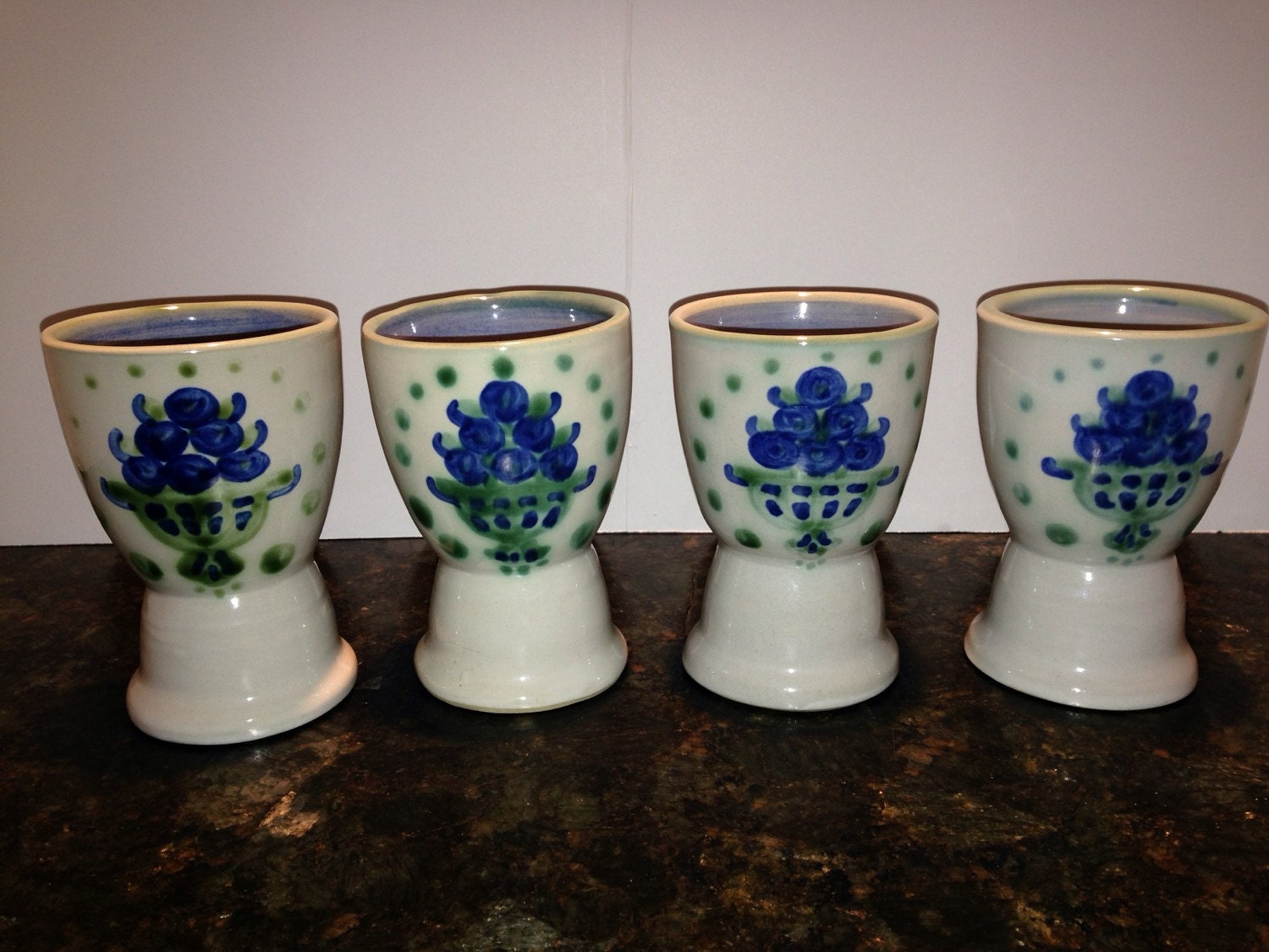 Set of 4 M. A. Hadley Art Pottery Egg Cups Bouquet Pattern Haute Juice