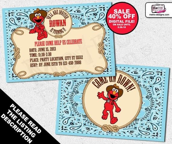 SALE - Cowboy Elmo Invitations, Western Elmo Invitations, Elmo Invitations, Elmo Invitation, Elmo Cowboy Invitation, Invitations, Invitation Il_570xn