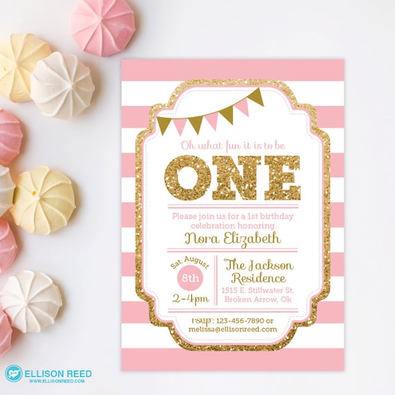 Pink And Gold First Birthday Invitations 6