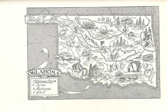 Oklahoma Map Print // 1950s Vintage Map Art // State by HildaLea