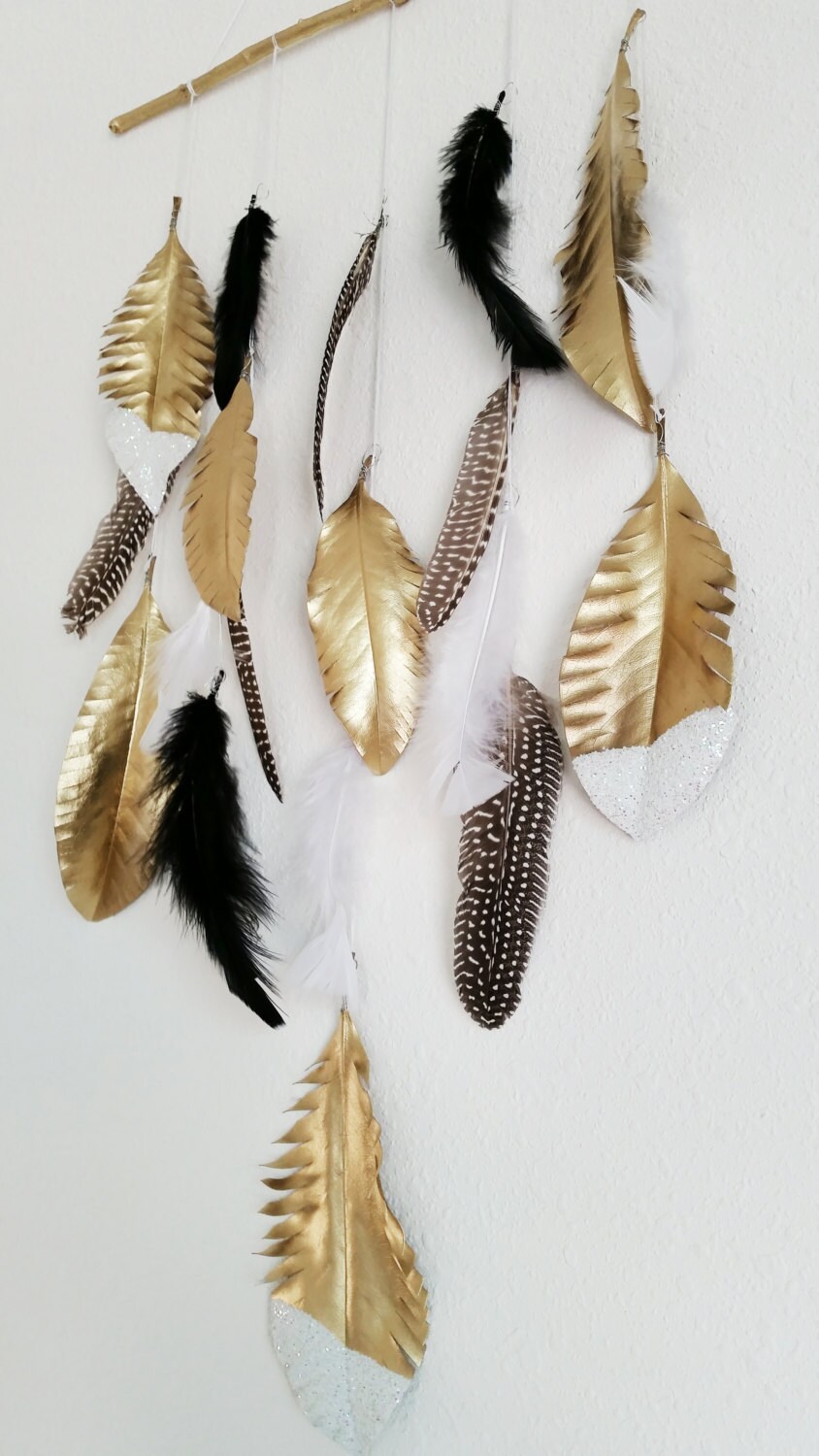 Bohemian Gold Feather Wall Hanging Boho Wall Decor Feather
