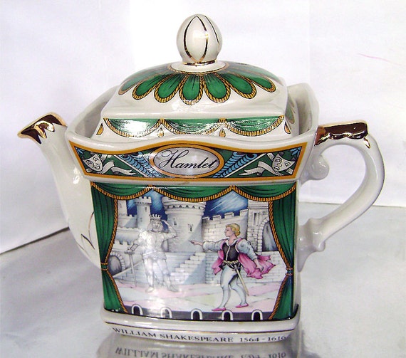 Vintage Sadler China Shakespeare Hamlet Green Gold Teapot