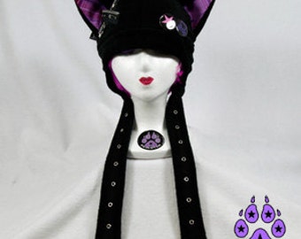 Pawstar ZIP KITTY HAT - YOu Pick Color Plaid Black Red Pink Purple Gray White Goth Jrock Punk Rock Zippers Grommet Tape Buttons Plaid 1852