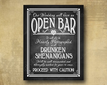 Printed Open Bar Wedding Sign, Drunken sheninbar sign , bar print chalkboard signage, alcohol sign - bar prints with optional add ons