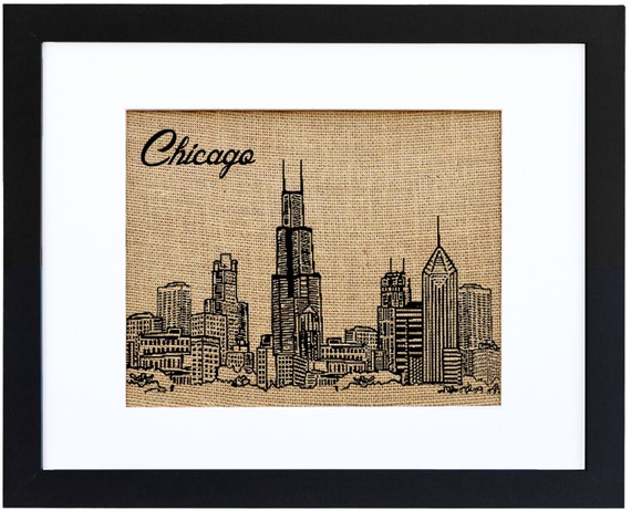 Chicago Skyline Framed Burlap Print Illinois Chicago Print