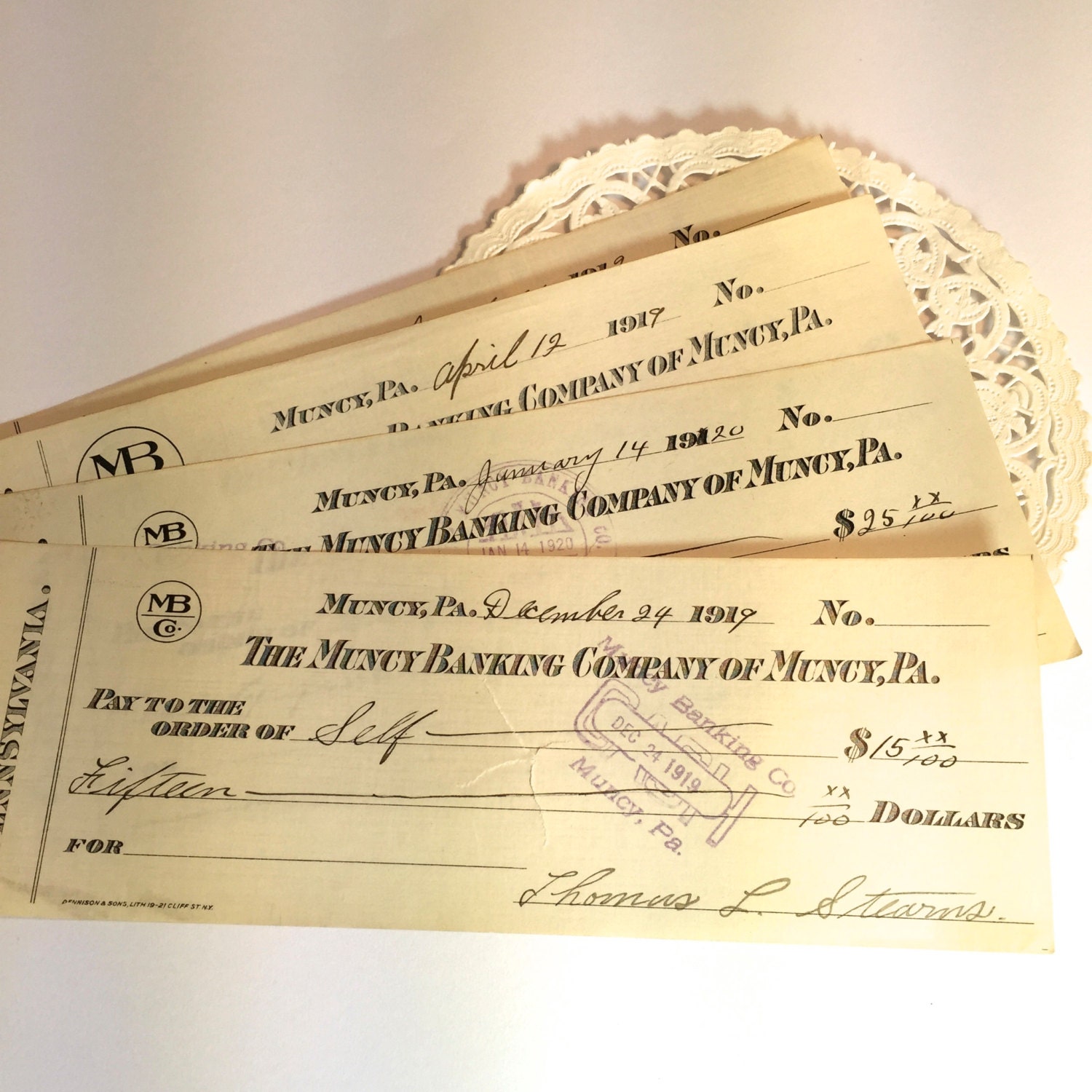 4 Bank Checks 1920's Vintage Checks The Muncy by TheBrownPear