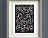 Little Houses abstract print, Folk Art, Monochrome, Mid century modern, Retro Poster, Bedroom Wall Art, House Print, Home Decor, Wall Art