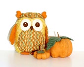 Autumn Owl Pillow,  Plush Owl Rag Doll , Thanksgiving Decor, Patchwork stuffed owl toy, Orange, green, mustard