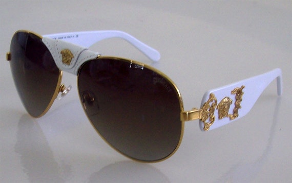 VERSACE White Aviator Sunglasses 2150 100214B, Leather top with Gold ...