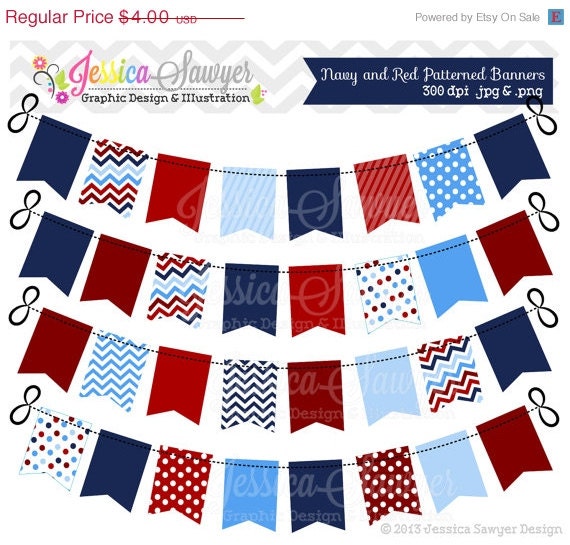 50% OFF- INSTANT DOWNLOAD, navy and red patterned bunting banner clipart, nautical birthday party, for cards, scrapbooking, invites Il_570xn