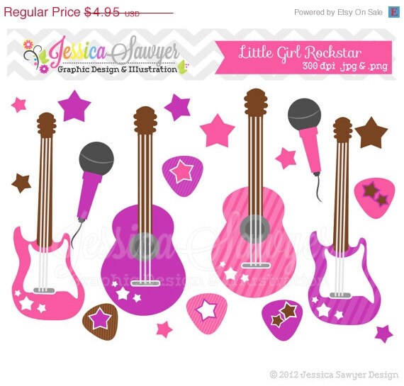 80% OFF - INSTANT DOWNLOAD, Little girl rockstar clip art - guitar clipart - baby shower graphics - digital scrapbook - invitation - stars Il_570xn