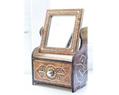 Dark brown woodburned mirror jewelry box / Big floral ethnic wooden keepsake box / Pyrography