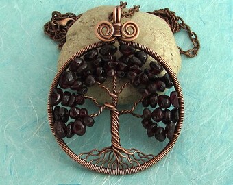Tree-of-Life pendant Copper Tree of life family tree January-Birthstone Garnet copper Anniversary gift her Big pendant Copper jewelry MW20